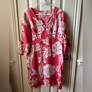 Boden linen dress: size 14L UK/10L USA. Salmon/coral on pale oatmeal background.